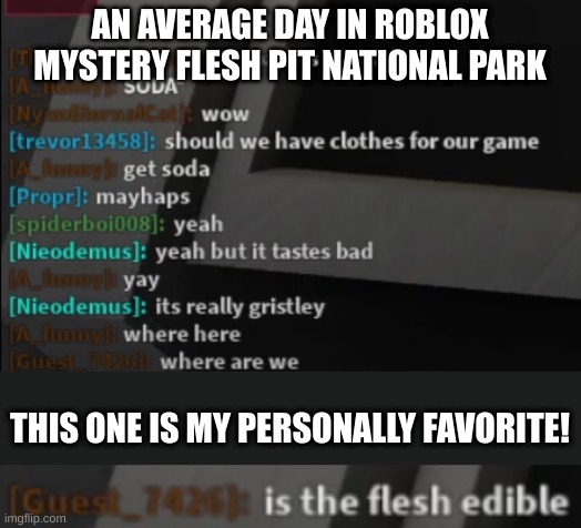 Average day in roblox mystery flesh pit lol | AN AVERAGE DAY IN ROBLOX MYSTERY FLESH PIT NATIONAL PARK; THIS ONE IS MY PERSONALLY FAVORITE! | image tagged in mystery flesh pit,lol,msmg,roblox | made w/ Imgflip meme maker