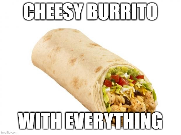 burrito | CHEESY BURRITO; WITH EVERYTHING | image tagged in burrito | made w/ Imgflip meme maker