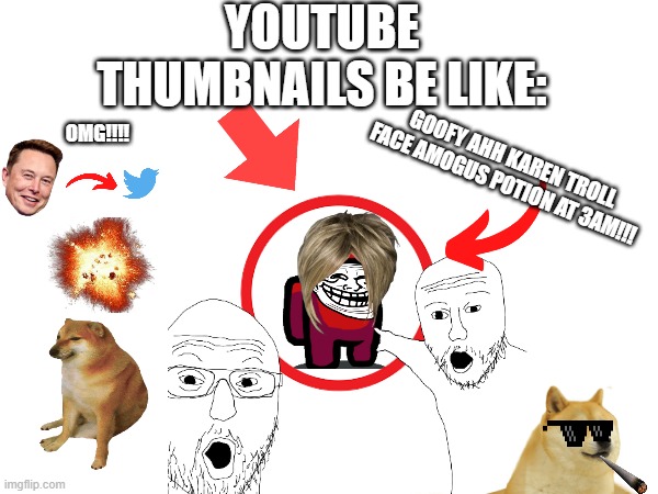 It's true | YOUTUBE THUMBNAILS BE LIKE:; OMG!!!! GOOFY AHH KAREN TROLL FACE AMOGUS POTION AT 3AM!!! | image tagged in lol | made w/ Imgflip meme maker