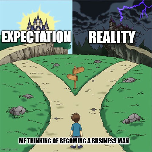 business | REALITY; EXPECTATION; ME THINKING OF BECOMING A BUSINESS MAN | image tagged in two paths | made w/ Imgflip meme maker