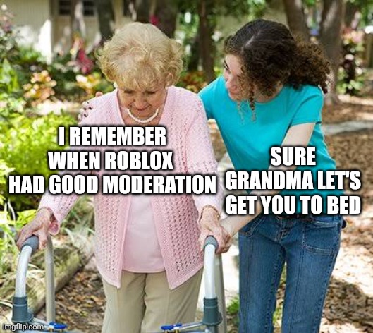 Sure grandma let's get you to bed | I REMEMBER WHEN ROBLOX  HAD GOOD MODERATION; SURE GRANDMA LET'S GET YOU TO BED | image tagged in sure grandma let's get you to bed,roblox | made w/ Imgflip meme maker