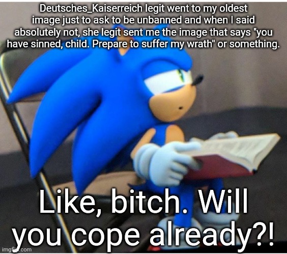 . | Deutsches_Kaiserreich legit went to my oldest image just to ask to be unbanned and when I said absolutely not, she legit sent me the image that says "you have sinned, child. Prepare to suffer my wrath" or something. Like, bitch. Will you cope already?! | image tagged in sonic | made w/ Imgflip meme maker
