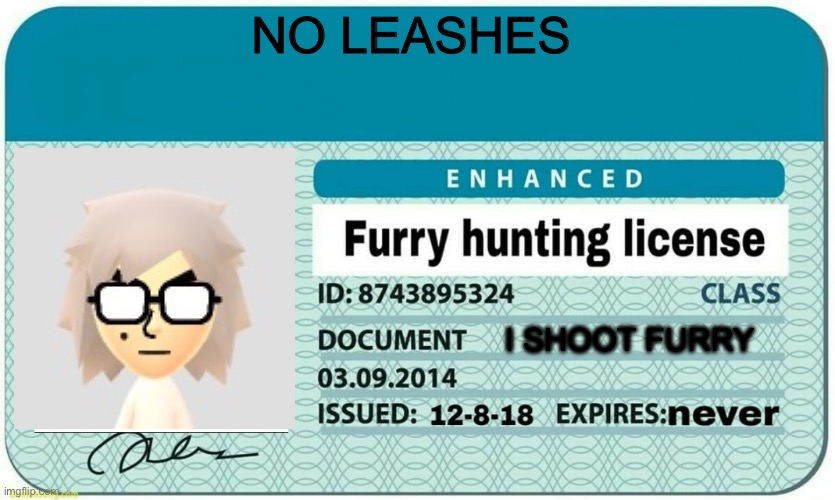 He shoot furry | NO LEASHES; I SHOOT FURRY | image tagged in furry hunting license,memes | made w/ Imgflip meme maker