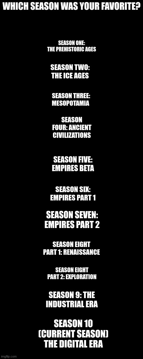 WHICH SEASON WAS YOUR FAVORITE? SEASON ONE: THE PREHISTORIC AGES; SEASON TWO: THE ICE AGES; SEASON THREE: MESOPOTAMIA; SEASON FOUR: ANCIENT CIVILIZATIONS; SEASON FIVE: EMPIRES BETA; SEASON SIX: EMPIRES PART 1; SEASON SEVEN: EMPIRES PART 2; SEASON EIGHT PART 1: RENAISSANCE; SEASON EIGHT PART 2: EXPLORATION; SEASON 9: THE INDUSTRIAL ERA; SEASON 10 (CURRENT SEASON) THE DIGITAL ERA | made w/ Imgflip meme maker