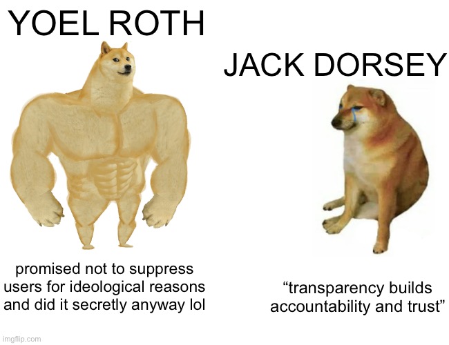Buff Doge vs. Cheems Meme | YOEL ROTH; JACK DORSEY; promised not to suppress users for ideological reasons and did it secretly anyway lol; “transparency builds accountability and trust” | image tagged in memes,buff doge vs cheems,yoel roth,jack dorsey,twitter,shadow banning | made w/ Imgflip meme maker