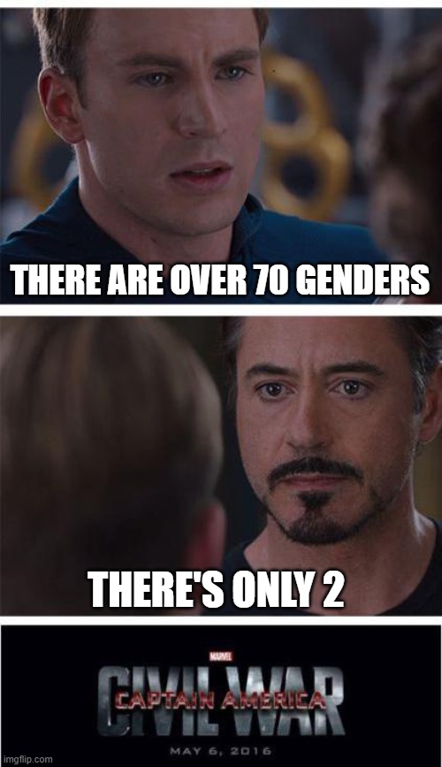 im going with tony stark | THERE ARE OVER 70 GENDERS; THERE'S ONLY 2 | image tagged in memes,marvel civil war 1 | made w/ Imgflip meme maker