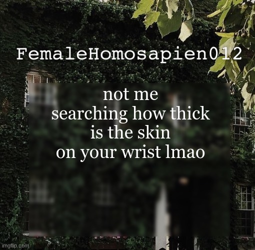 FemaleHomosapien012 | not me searching how thick is the skin on your wrist lmao | image tagged in femalehomosapien012 | made w/ Imgflip meme maker