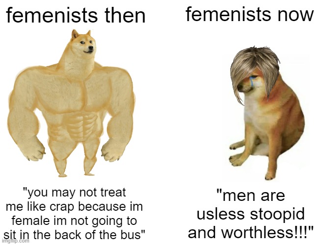 people are getting weaker :( | femenists then; femenists now; "you may not treat me like crap because im female im not going to sit in the back of the bus"; "men are usless stoopid and worthless!!!" | image tagged in memes,buff doge vs cheems | made w/ Imgflip meme maker