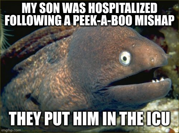 groan | MY SON WAS HOSPITALIZED FOLLOWING A PEEK-A-BOO MISHAP; THEY PUT HIM IN THE ICU | image tagged in memes,bad joke eel | made w/ Imgflip meme maker