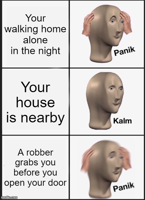 PANIK- | Your walking home alone in the night; Your house is nearby; A robber grabs you before you open your door | image tagged in memes,panik kalm panik | made w/ Imgflip meme maker