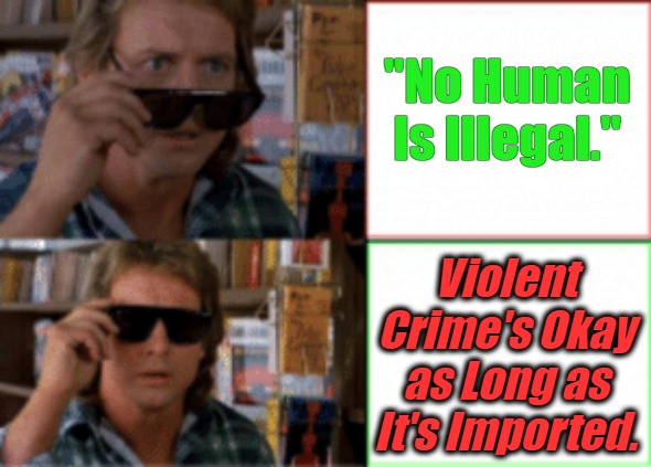 Translating Trickery #3 | "No Human Is Illegal."; Violent Crime's Okay as Long as It's Imported. | image tagged in they live sunglasses,illegals,immigration,weaponized diversity,liberal logic,mindless sloganeering | made w/ Imgflip meme maker