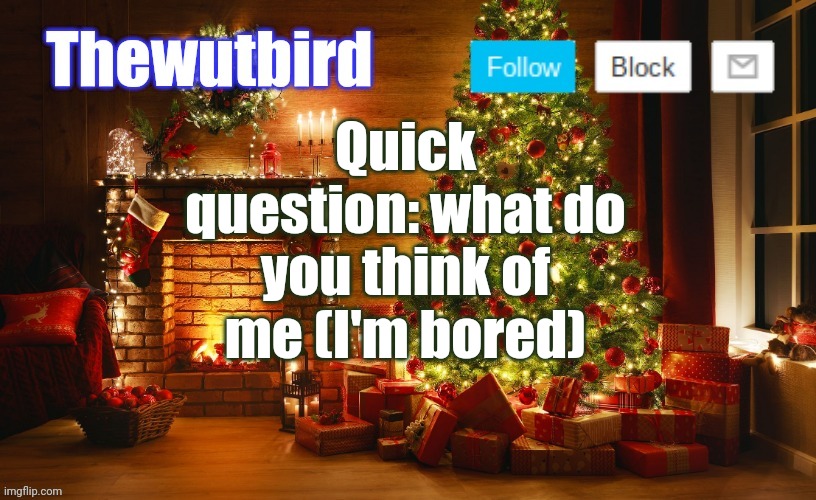 Be honest or whatever | Quick question: what do you think of me (I'm bored) | image tagged in wutbird christmas announcement | made w/ Imgflip meme maker