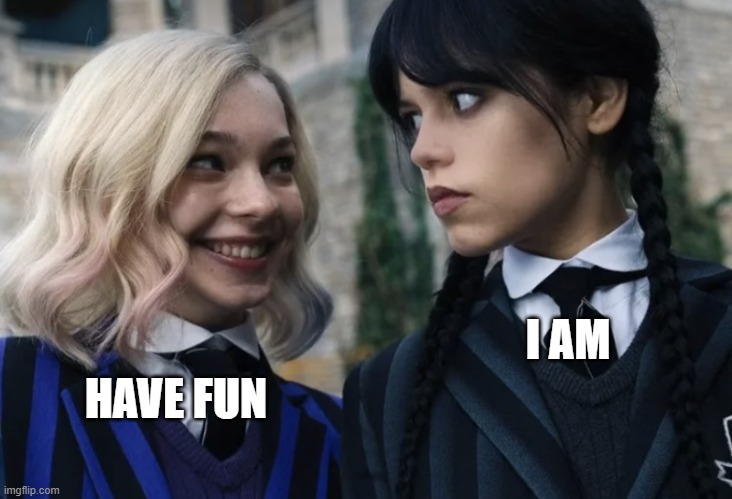 Wednesday and Enid | I AM; HAVE FUN | image tagged in wednesday and enid | made w/ Imgflip meme maker