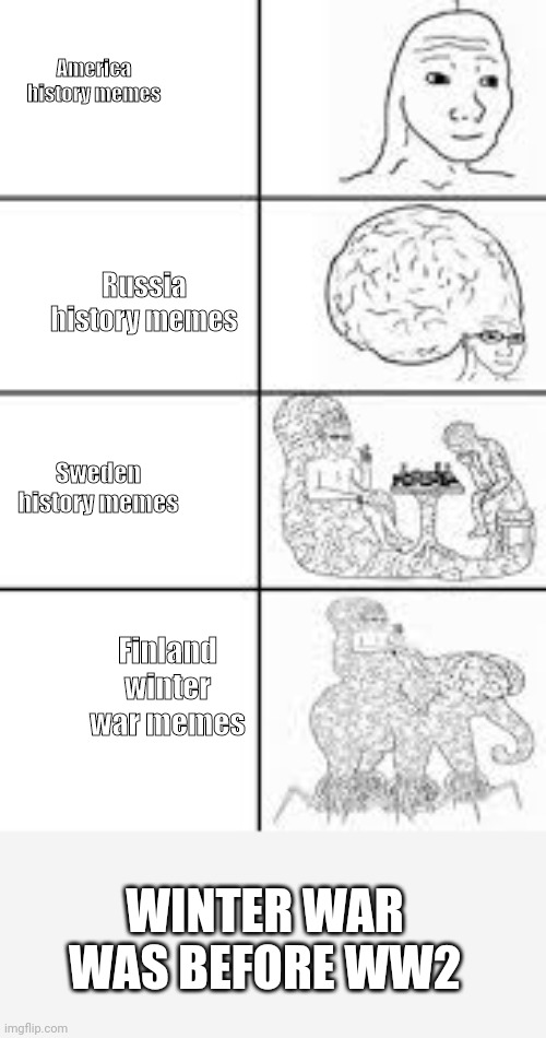 Very very big brains | America history memes; Russia history memes; Sweden history memes; Finland winter war memes; WINTER WAR WAS BEFORE WW2 | image tagged in very very big brains | made w/ Imgflip meme maker