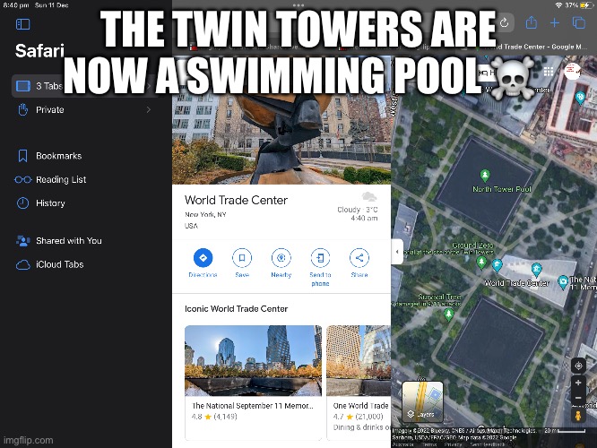 THE TWIN TOWERS ARE NOW A SWIMMING POOL ☠️ | image tagged in 9/11,twin towers,world trade center,swimming pool,september,memorial | made w/ Imgflip meme maker