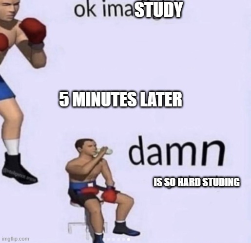 studing be like | STUDY; 5 MINUTES LATER; IS SO HARD STUDING | image tagged in damn got hands | made w/ Imgflip meme maker