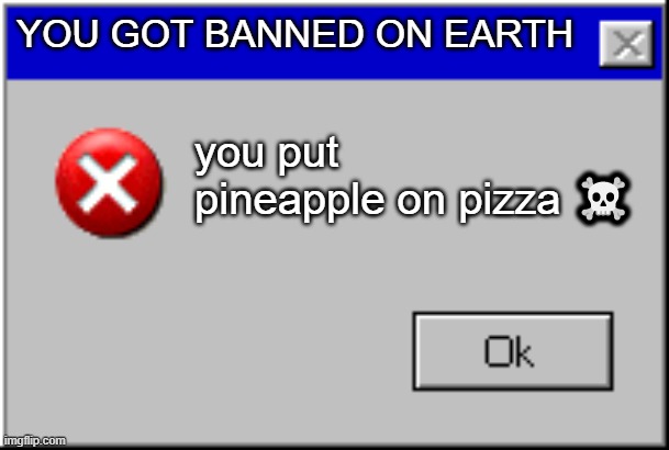 Windows Error Message | YOU GOT BANNED ON EARTH; you put pineapple on pizza ☠️ | image tagged in windows error message | made w/ Imgflip meme maker