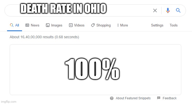 blank google/bing search | DEATH RATE IN OHIO; 100% | image tagged in blank google/bing search | made w/ Imgflip meme maker