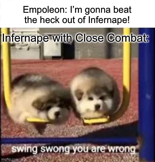 SWING SWONG YOU ARE WRONG | Empoleon: I’m gonna beat the heck out of Infernape! Infernape with Close Combat: | image tagged in swing swong you are wrong | made w/ Imgflip meme maker