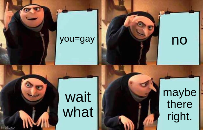 Gru's Plan | you=gay; no; wait what; maybe there right. | image tagged in memes,gru's plan | made w/ Imgflip meme maker