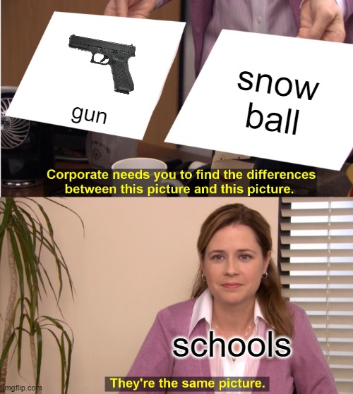 snowball=gun | snow ball; gun; schools | image tagged in memes,they're the same picture,school shooting | made w/ Imgflip meme maker