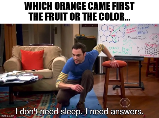 can't think of anything so yeah | WHICH ORANGE CAME FIRST
THE FRUIT OR THE COLOR... | image tagged in i don't need sleep i need answers | made w/ Imgflip meme maker
