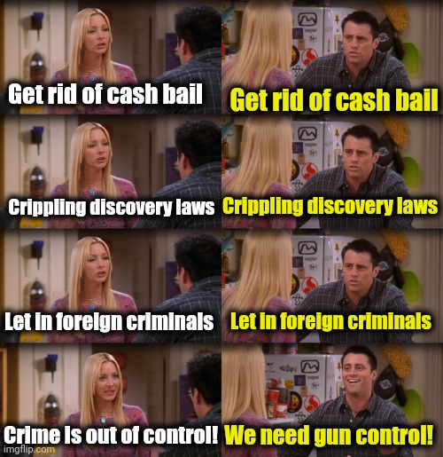 Democrats: crank up crime as justification for more gun control | Get rid of cash bail; Get rid of cash bail; Crippling discovery laws; Crippling discovery laws; Let in foreign criminals; Let in foreign criminals; Crime is out of control! We need gun control! | image tagged in joey repeat after me,memes,joe biden,crime,democrats,gun control | made w/ Imgflip meme maker