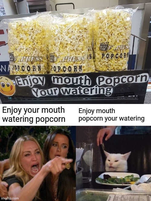 Enjoy mouth popcorn your watering | Enjoy your mouth watering popcorn; Enjoy mouth popcorn your watering | image tagged in memes,woman yelling at cat,you had one job,popcorn,food,design fails | made w/ Imgflip meme maker