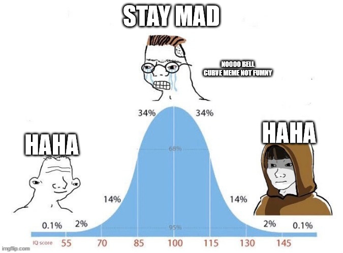 Bell Curve | STAY MAD; NOOOO BELL CURVE MEME NOT FUMNY; HAHA; HAHA | image tagged in bell curve | made w/ Imgflip meme maker