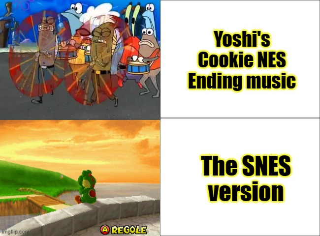 Yoshi's Cookie NES Ending music; The SNES version | image tagged in yoshi,spongebob,nes,snes,parade,sunset | made w/ Imgflip meme maker