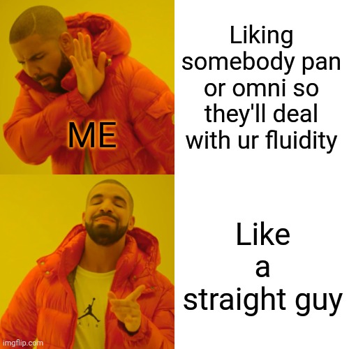 Ha ha funny... | Liking somebody pan or omni so they'll deal with ur fluidity; ME; Like a straight guy | image tagged in memes,drake hotline bling | made w/ Imgflip meme maker