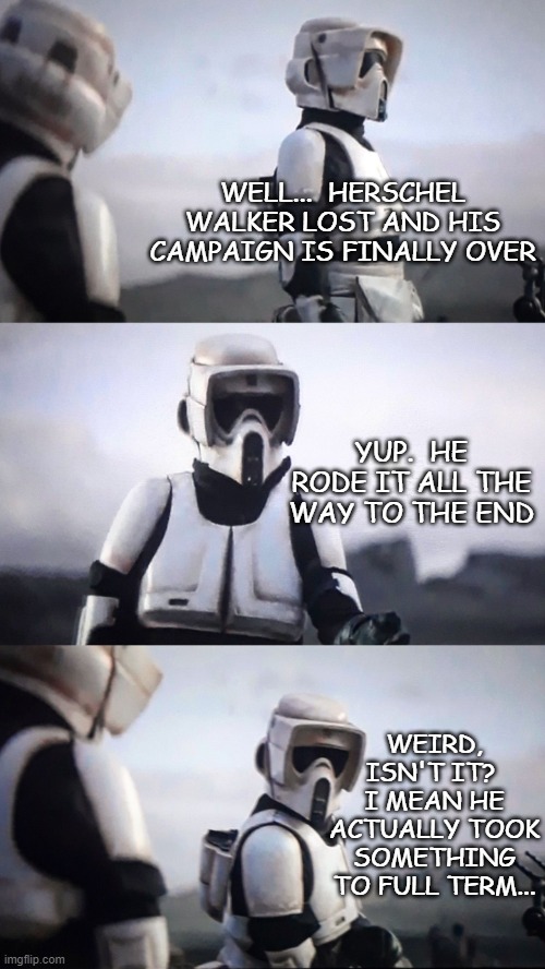 Storm Trooper Conversation | WELL...  HERSCHEL WALKER LOST AND HIS CAMPAIGN IS FINALLY OVER; YUP.  HE RODE IT ALL THE WAY TO THE END; WEIRD, ISN'T IT?  I MEAN HE ACTUALLY TOOK SOMETHING TO FULL TERM... | image tagged in gop hypocrite | made w/ Imgflip meme maker
