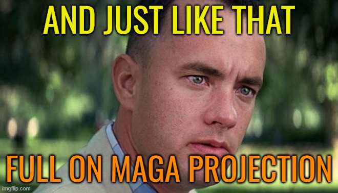 Forest Gump | AND JUST LIKE THAT FULL ON MAGA PROJECTION | image tagged in forest gump | made w/ Imgflip meme maker