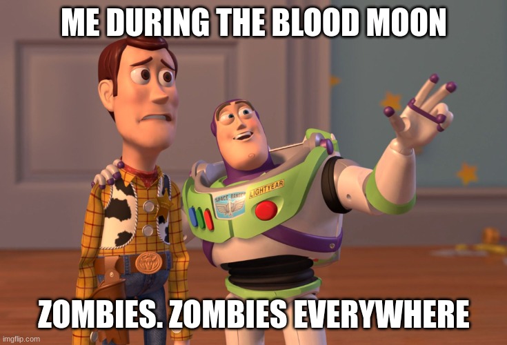 Blood moon in a nutshell | ME DURING THE BLOOD MOON; ZOMBIES. ZOMBIES EVERYWHERE | image tagged in memes,x x everywhere,terraria,blood moon | made w/ Imgflip meme maker