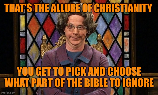 dana carvey church lady | THAT'S THE ALLURE OF CHRISTIANITY YOU GET TO PICK AND CHOOSE WHAT PART OF THE BIBLE TO IGNORE | image tagged in dana carvey church lady | made w/ Imgflip meme maker