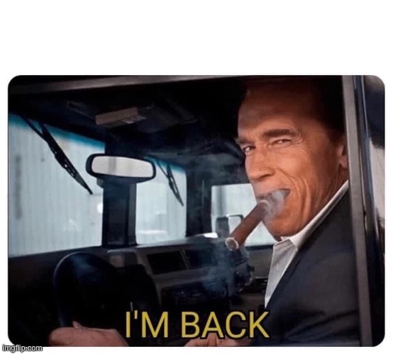 Arnold Schwarzenegger I'm Back | image tagged in arnold schwarzenegger i'm back | made w/ Imgflip meme maker