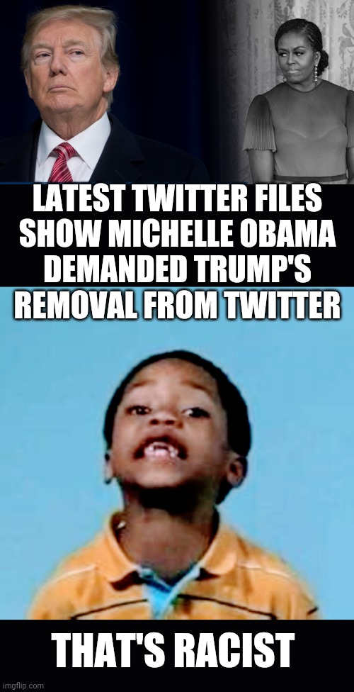 Two Way Street | LATEST TWITTER FILES
 SHOW MICHELLE OBAMA 
DEMANDED TRUMP'S REMOVAL FROM TWITTER; THAT'S RACIST | image tagged in liberals,democrats,leftists,obama,trump,twitter | made w/ Imgflip meme maker