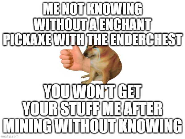 :( | ME NOT KNOWING WITHOUT A ENCHANT PICKAXE WITH THE ENDERCHEST; YOU WON'T GET YOUR STUFF ME AFTER MINING WITHOUT KNOWING | image tagged in minecraft,minecraft memes,sad but true,funny memes,funny | made w/ Imgflip meme maker