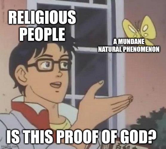 Is This A Pigeon Meme | RELIGIOUS PEOPLE; A MUNDANE NATURAL PHENOMENON; IS THIS PROOF OF GOD? | image tagged in memes,is this a pigeon | made w/ Imgflip meme maker
