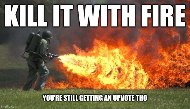 flamethrower | KILL IT WITH FIRE YOU’RE STILL GETTING AN UPVOTE THO | image tagged in flamethrower | made w/ Imgflip meme maker