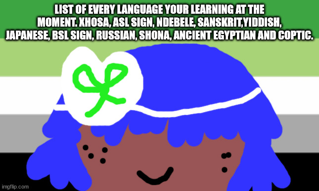 Tina Turna will not die this December | LIST OF EVERY LANGUAGE YOUR LEARNING AT THE MOMENT. XHOSA, ASL SIGN, NDEBELE, SANSKRIT,YIDDISH, JAPANESE, BSL SIGN, RUSSIAN, SHONA, ANCIENT EGYPTIAN AND COPTIC. | image tagged in lgbtq stream account profile | made w/ Imgflip meme maker
