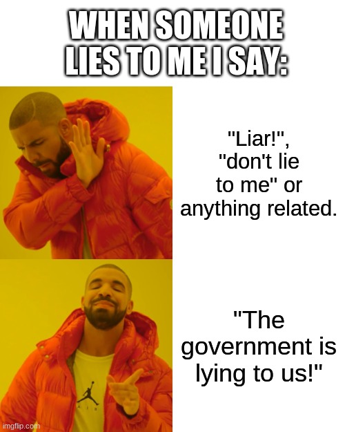 I have one thing to say to anyone that claims that I'm not the only one who says this. That thing is: "the government is lying t | WHEN SOMEONE LIES TO ME I SAY:; "Liar!", "don't lie to me" or anything related. "The government is lying to us!" | image tagged in memes,drake hotline bling | made w/ Imgflip meme maker