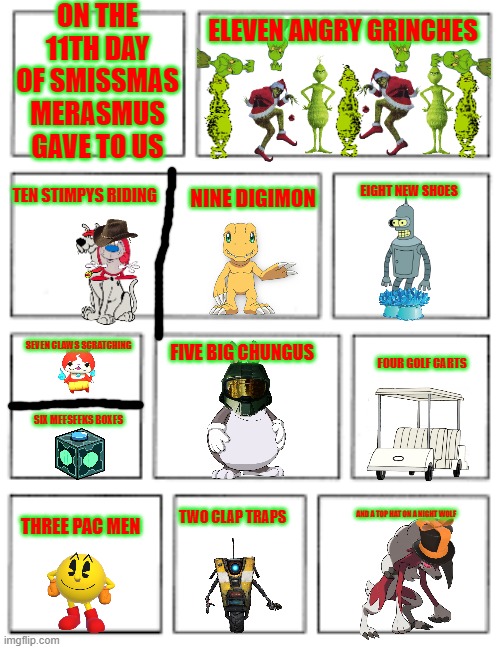 12 days of smissmas day 11 | ON THE 11TH DAY OF SMISSMAS MERASMUS GAVE TO US; ELEVEN ANGRY GRINCHES; TEN STIMPYS RIDING; NINE DIGIMON; EIGHT NEW SHOES; SEVEN CLAWS SCRATCHING; FIVE BIG CHUNGUS; FOUR GOLF CARTS; SIX MEESEEKS BOXES; AND A TOP HAT ON A NIGHT WOLF; TWO CLAP TRAPS; THREE PAC MEN | image tagged in 5x2 blank comic strip,christmas,scooby doo,pokemon,the grinch | made w/ Imgflip meme maker