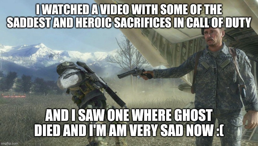 Zad | I WATCHED A VIDEO WITH SOME OF THE SADDEST AND HEROIC SACRIFICES IN CALL OF DUTY; AND I SAW ONE WHERE GHOST DIED AND I'M AM VERY SAD NOW :( | image tagged in shepard and ghost | made w/ Imgflip meme maker