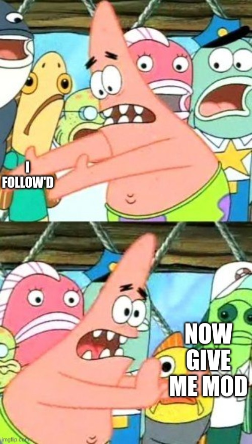 Put It Somewhere Else Patrick | I FOLLOW'D; NOW GIVE ME MOD | image tagged in memes,put it somewhere else patrick | made w/ Imgflip meme maker