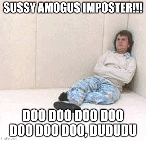 eltit gnitseretni na | SUSSY AMOGUS IMPOSTER!!! DOO DOO DOO DOO DOO DOO DOO, DUDUDU | image tagged in padded cell room 1 | made w/ Imgflip meme maker