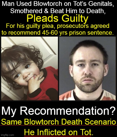 I Believe in Equal Justice -- Problem Solved! | Man Used Blowtorch on Tot’s Genitals, 
Smothered & Beat Him to Death, Pleads Guilty; For his guilty plea, prosecutors agreed 
to recommend 45-60 yrs prison sentence. My Recommendation? Same Blowtorch Death Scenario; He Inflicted on Tot. | image tagged in dark humor,toddler,death,blowtorch,justice,equality | made w/ Imgflip meme maker