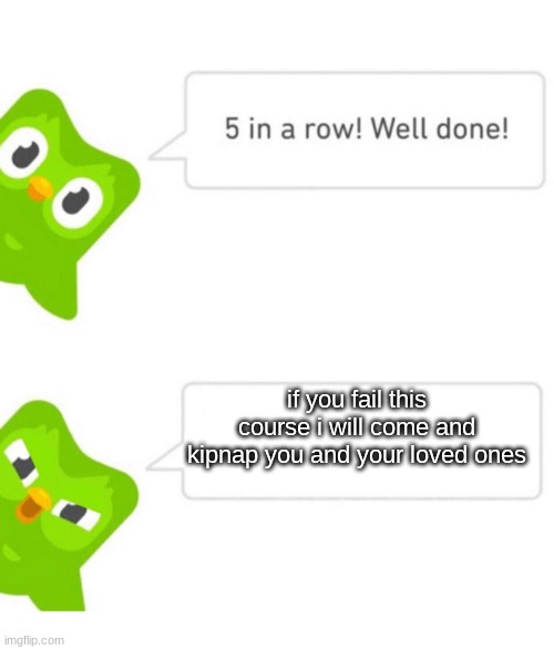Duolingo 5 in a row | if you fail this course i will come and kipnap you and your loved ones | image tagged in duolingo 5 in a row | made w/ Imgflip meme maker