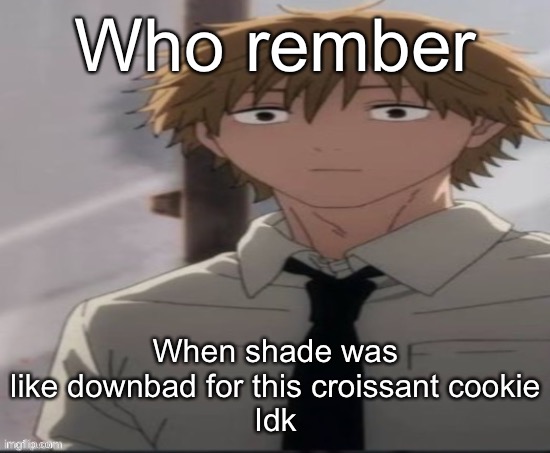 Denji stare | Who rember; When shade was like downbad for this croissant cookie
Idk | image tagged in denji stare | made w/ Imgflip meme maker