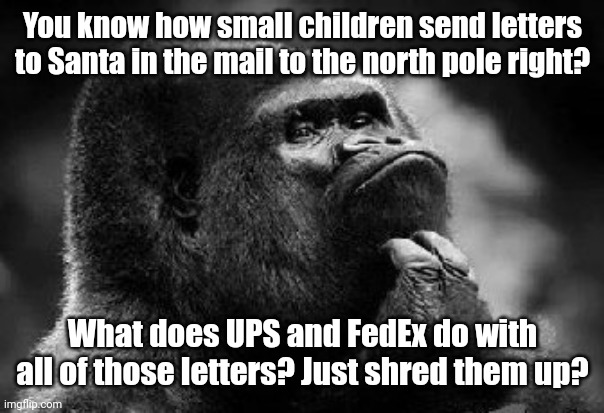 Shower thoughts | You know how small children send letters to Santa in the mail to the north pole right? What does UPS and FedEx do with all of those letters? Just shred them up? | image tagged in pie charts | made w/ Imgflip meme maker